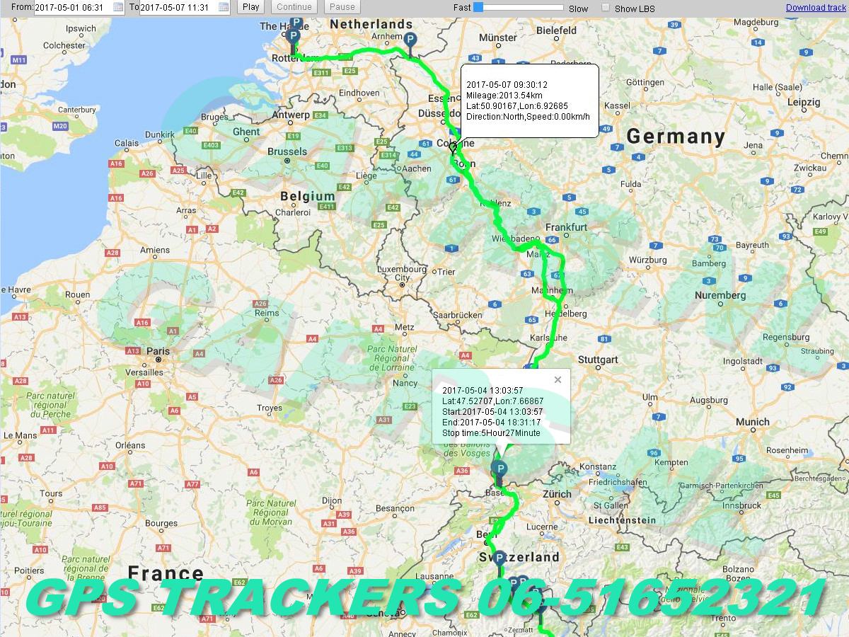 GAPRS   gebruiksklare magnetische gprs tracker kaart  route naar zuid Europa
