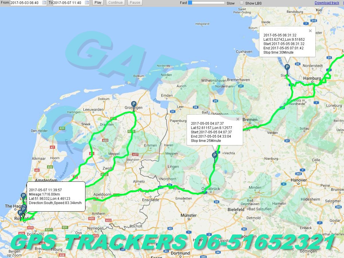 GAPRS   gebruiksklare magnetische gpstracker kaart  route naar Noord Duitsland