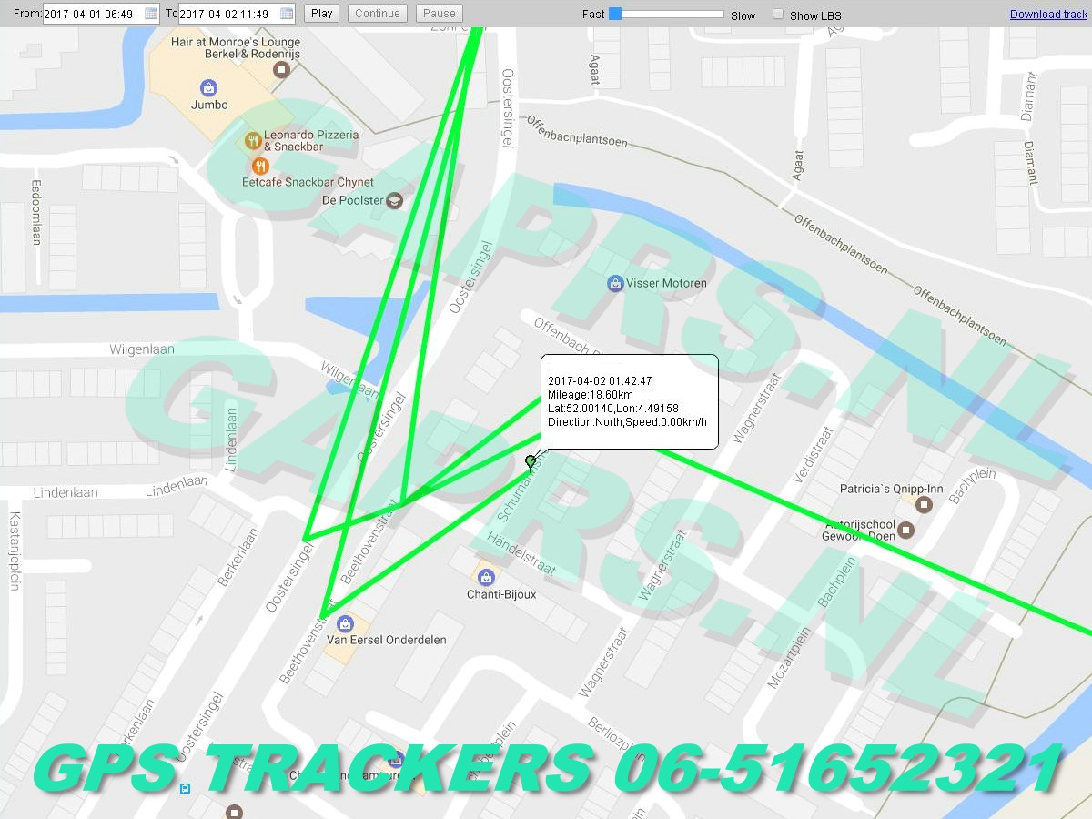 GAPRS   gebruiksklare magnetische gprs tracker  kaart  ingezoomd tot op straatnamen,  met stopplekken